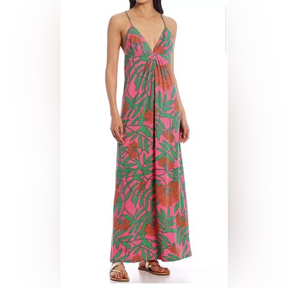 Julie Brown Olivia Pink Poppy Spaghetti Straps Maxi Dress SMALL $230 - Picture 5 of 6